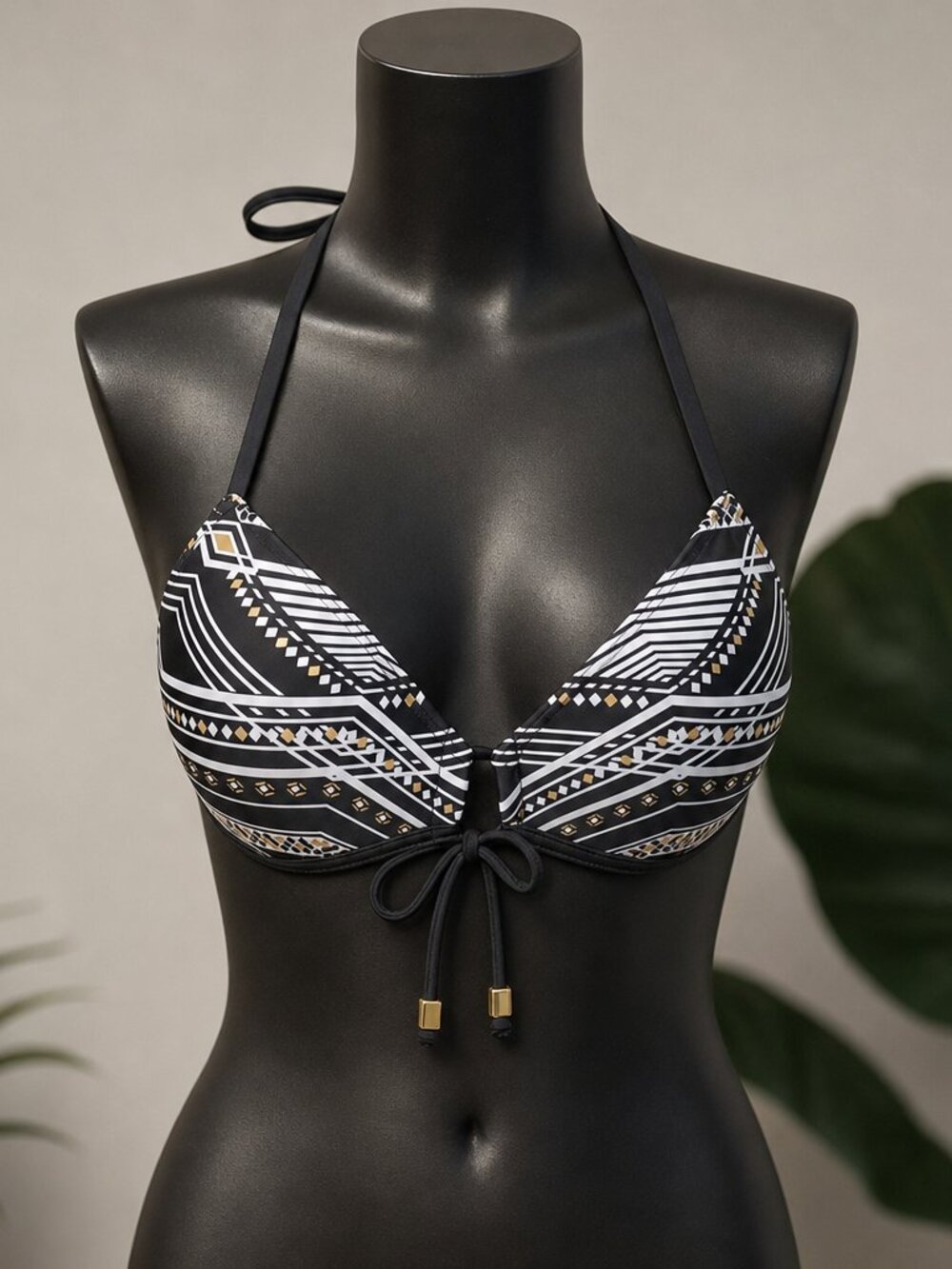 Black Geometric Print Halter Bikini Top - Black